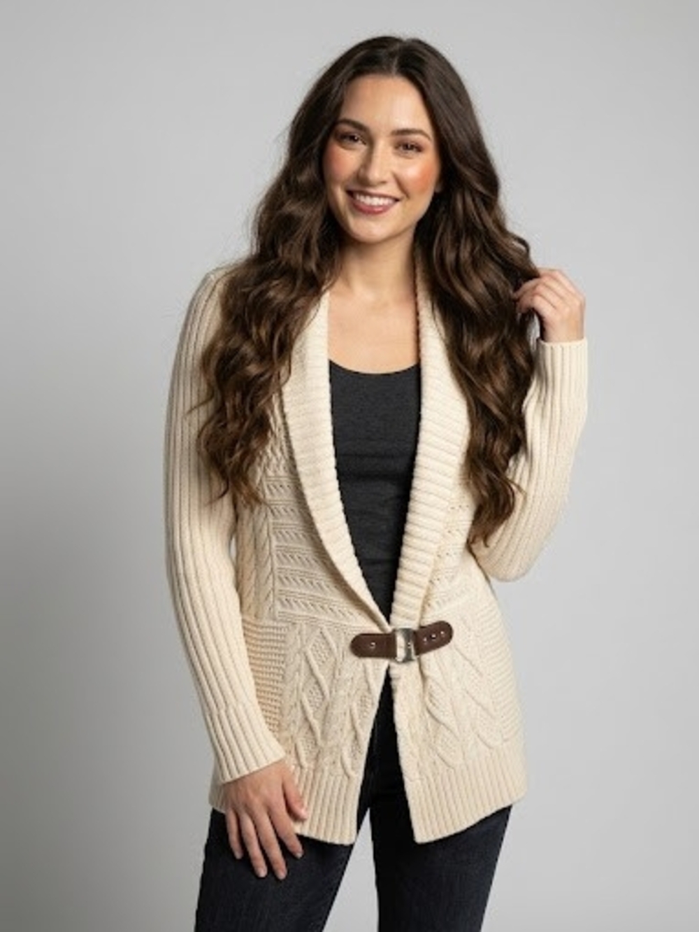 Ralph Lauren Cream Cable-Knit Shawl Cardigan with Buckle